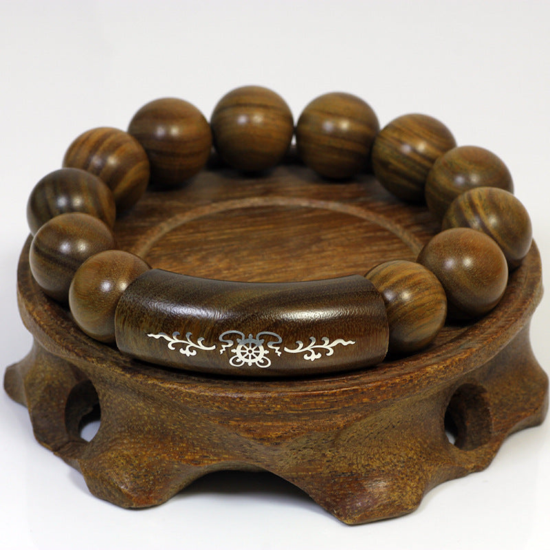 Silver-Inlaid Green Sandalwood Dragon-Phoenix Bracelet with Six-Syllable Mantra