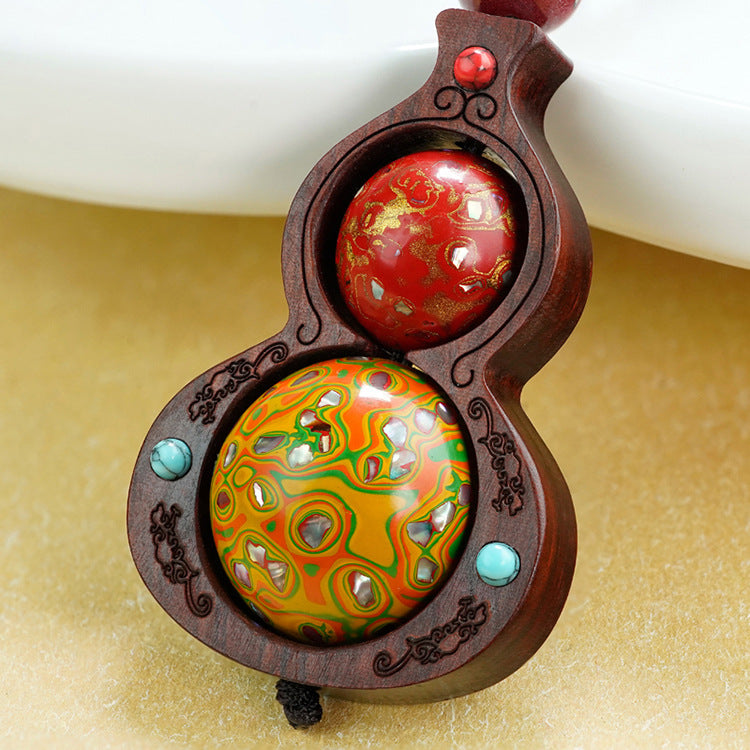 Gourd Rhyme and Zen Heart, Lacquer Art of the East - The Charm of Cinnabar Inlaid with Silver Sandalwood Turning Bead Pendant