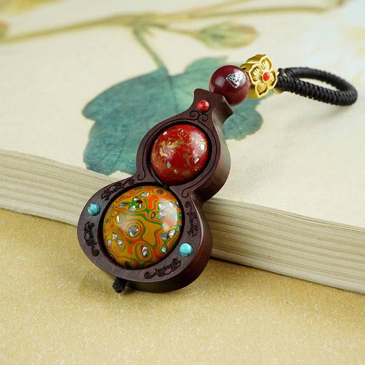 Gourd Rhyme and Zen Heart, Lacquer Art of the East - The Charm of Cinnabar Inlaid with Silver Sandalwood Turning Bead Pendant