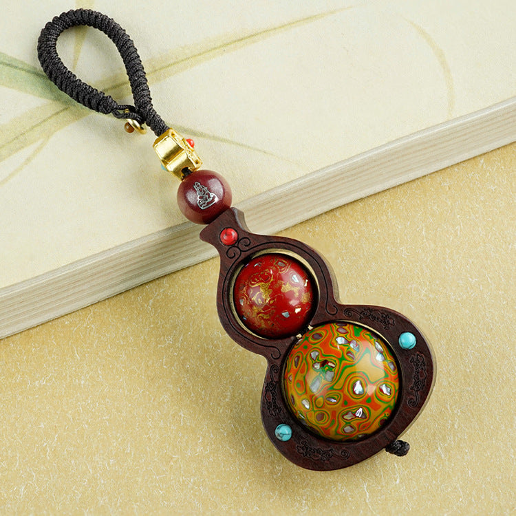 Gourd Rhyme and Zen Heart, Lacquer Art of the East - The Charm of Cinnabar Inlaid with Silver Sandalwood Turning Bead Pendant