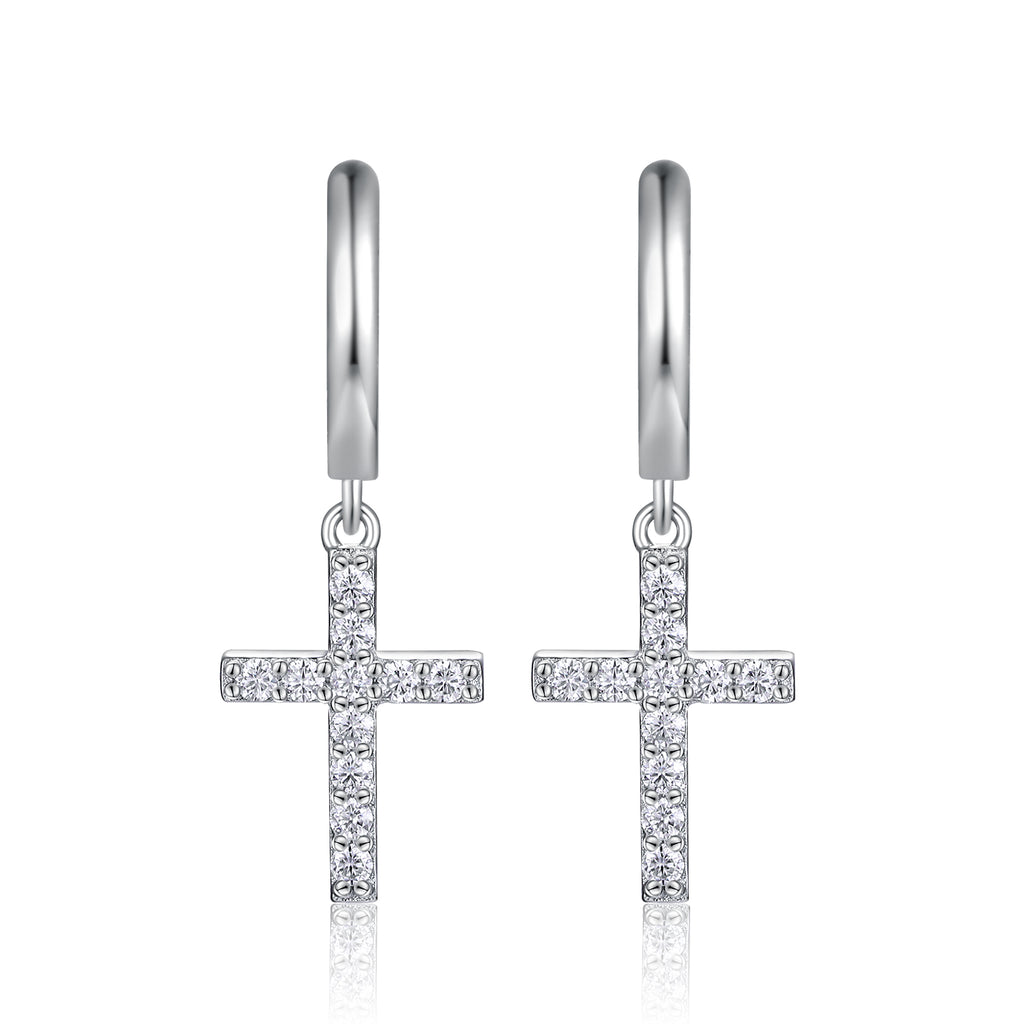 925 Sterling Silver Inlaid Moissanite Cross Earrings