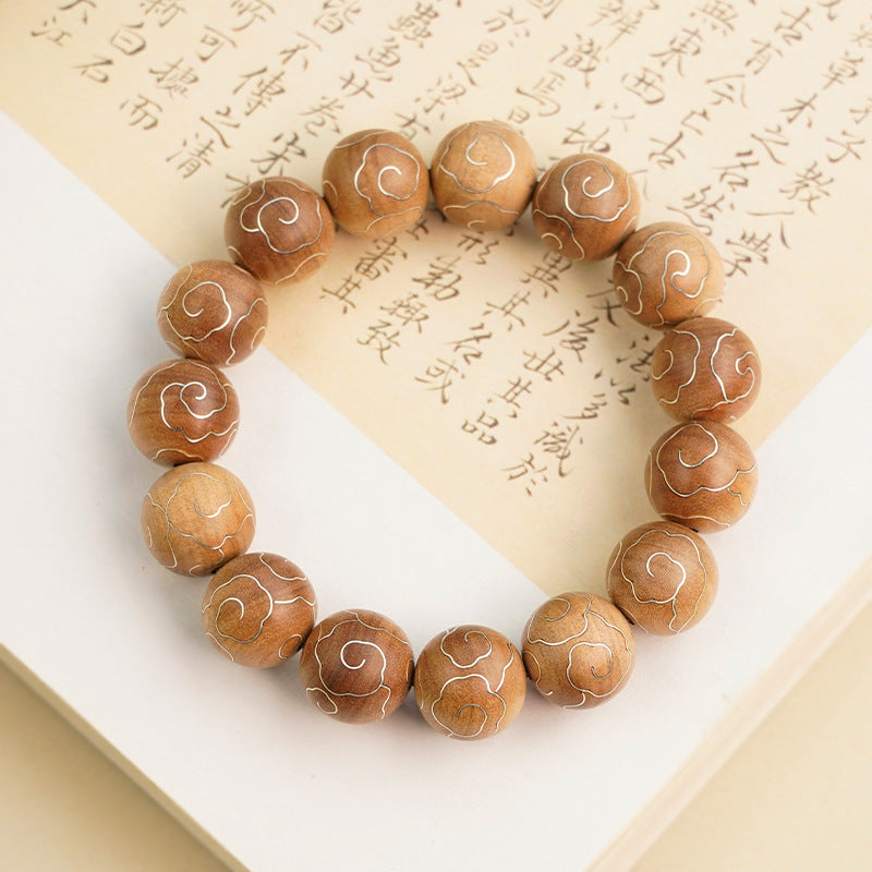 Clouds Surround Sandalwood Fragrance, Zen Accompanies the Body - The Eastern Aesthetics of Indian Old Mountain Sandalwood Inlaid with Silver "Auspicious Cloud" Bracelet