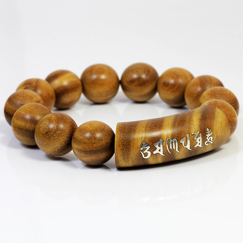 Silver-Inlaid Green Sandalwood Dragon-Phoenix Bracelet with Six-Syllable Mantra