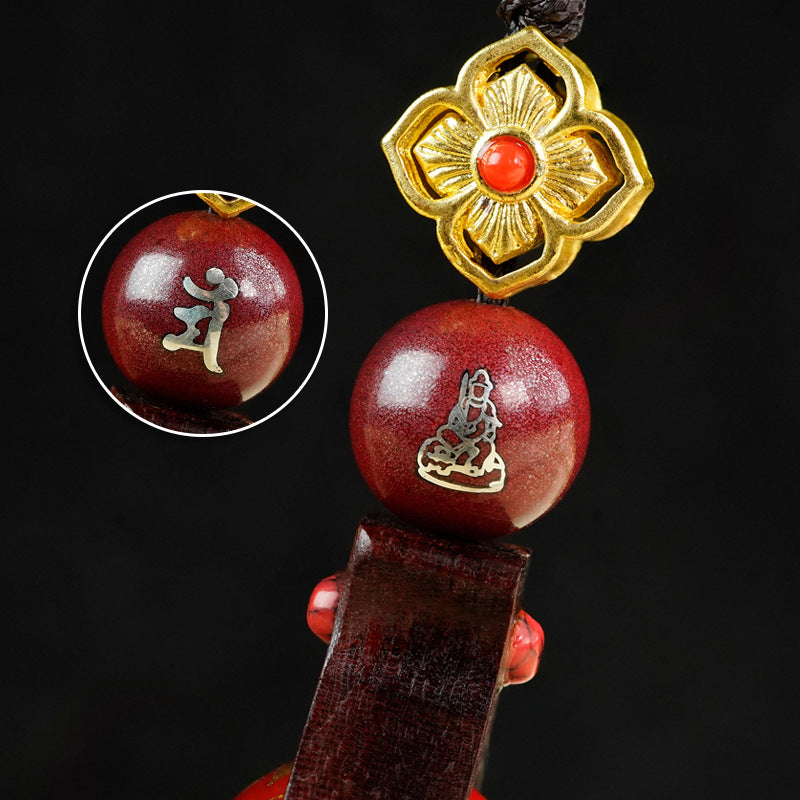 Gourd Rhyme and Zen Heart, Lacquer Art of the East - The Charm of Cinnabar Inlaid with Silver Sandalwood Turning Bead Pendant