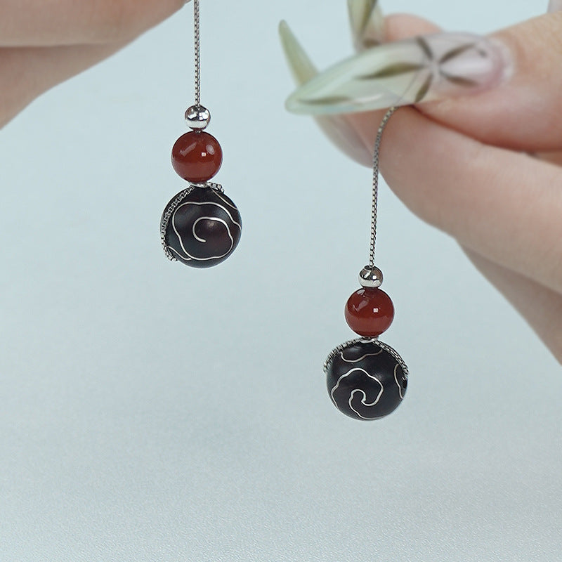 Red Sandalwood Inlaid with Silver, Clouds Around Zen Heart - The Eastern Artistic Conception of "Auspicious Cloud" Earrings