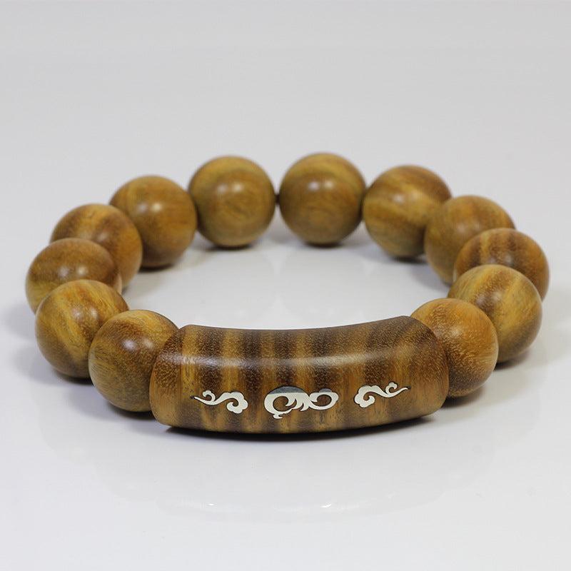 Silver-Inlaid Green Sandalwood Dragon-Phoenix Bracelet with Six-Syllable Mantra