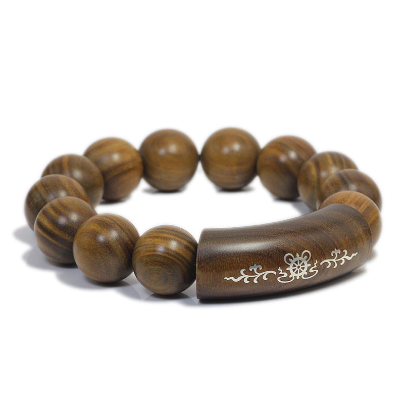 Silver-Inlaid Green Sandalwood Dragon-Phoenix Bracelet with Six-Syllable Mantra