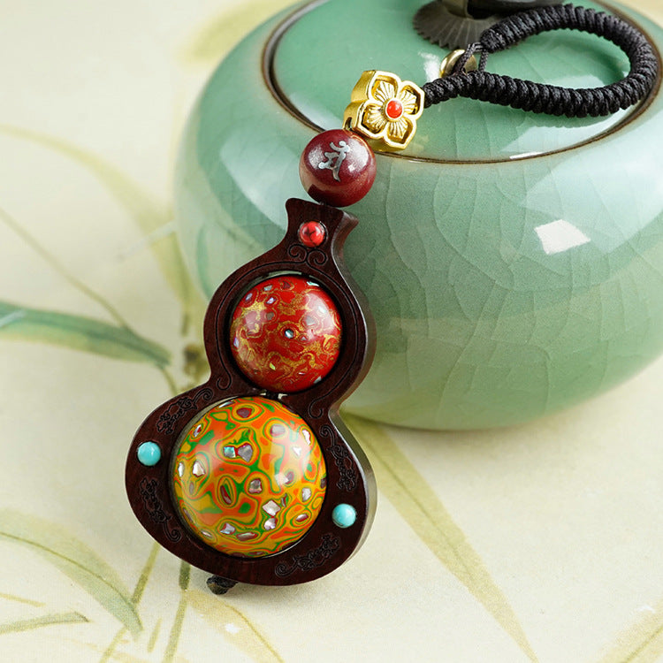 Gourd Rhyme and Zen Heart, Lacquer Art of the East - The Charm of Cinnabar Inlaid with Silver Sandalwood Turning Bead Pendant