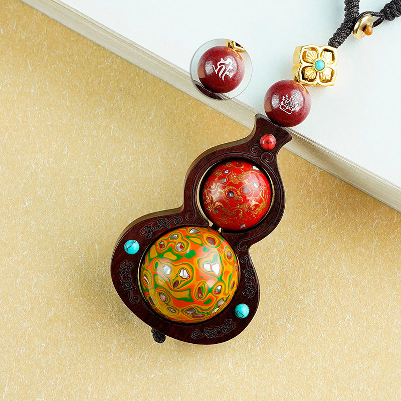 Gourd Rhyme and Zen Heart, Lacquer Art of the East - The Charm of Cinnabar Inlaid with Silver Sandalwood Turning Bead Pendant