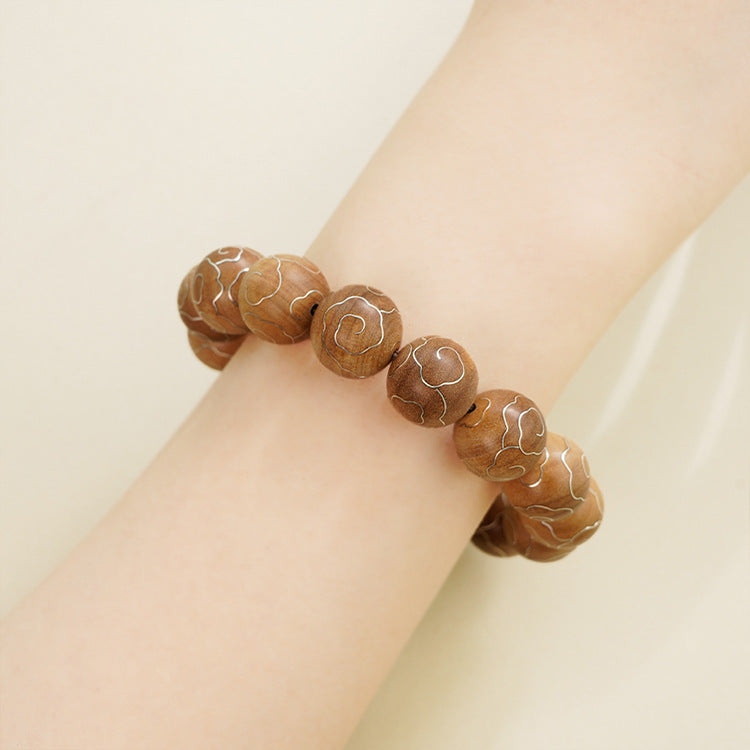 Clouds Surround Sandalwood Fragrance, Zen Accompanies the Body - The Eastern Aesthetics of Indian Old Mountain Sandalwood Inlaid with Silver "Auspicious Cloud" Bracelet
