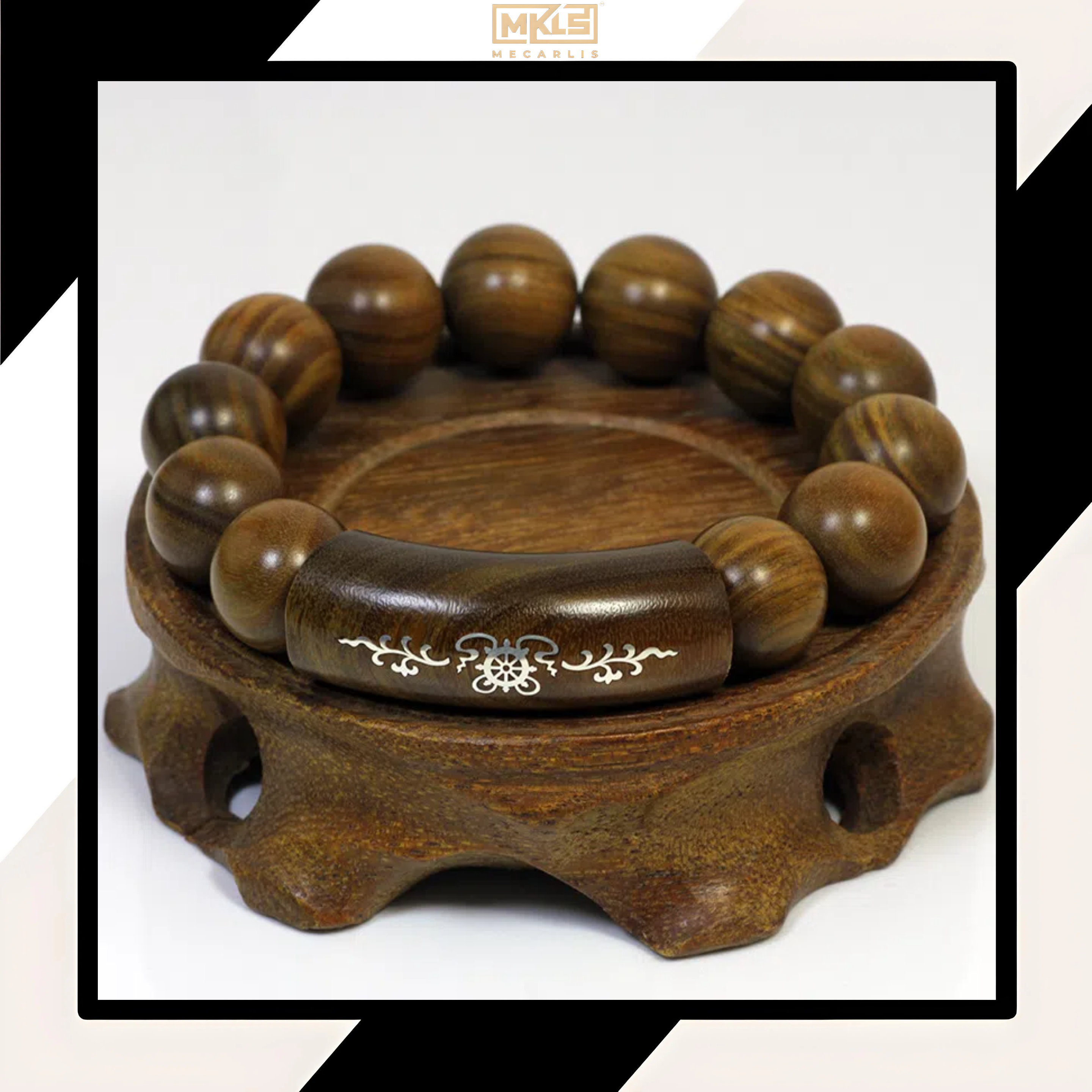 Silver-Inlaid Green Sandalwood Dragon-Phoenix Bracelet with Six-Syllable Mantra