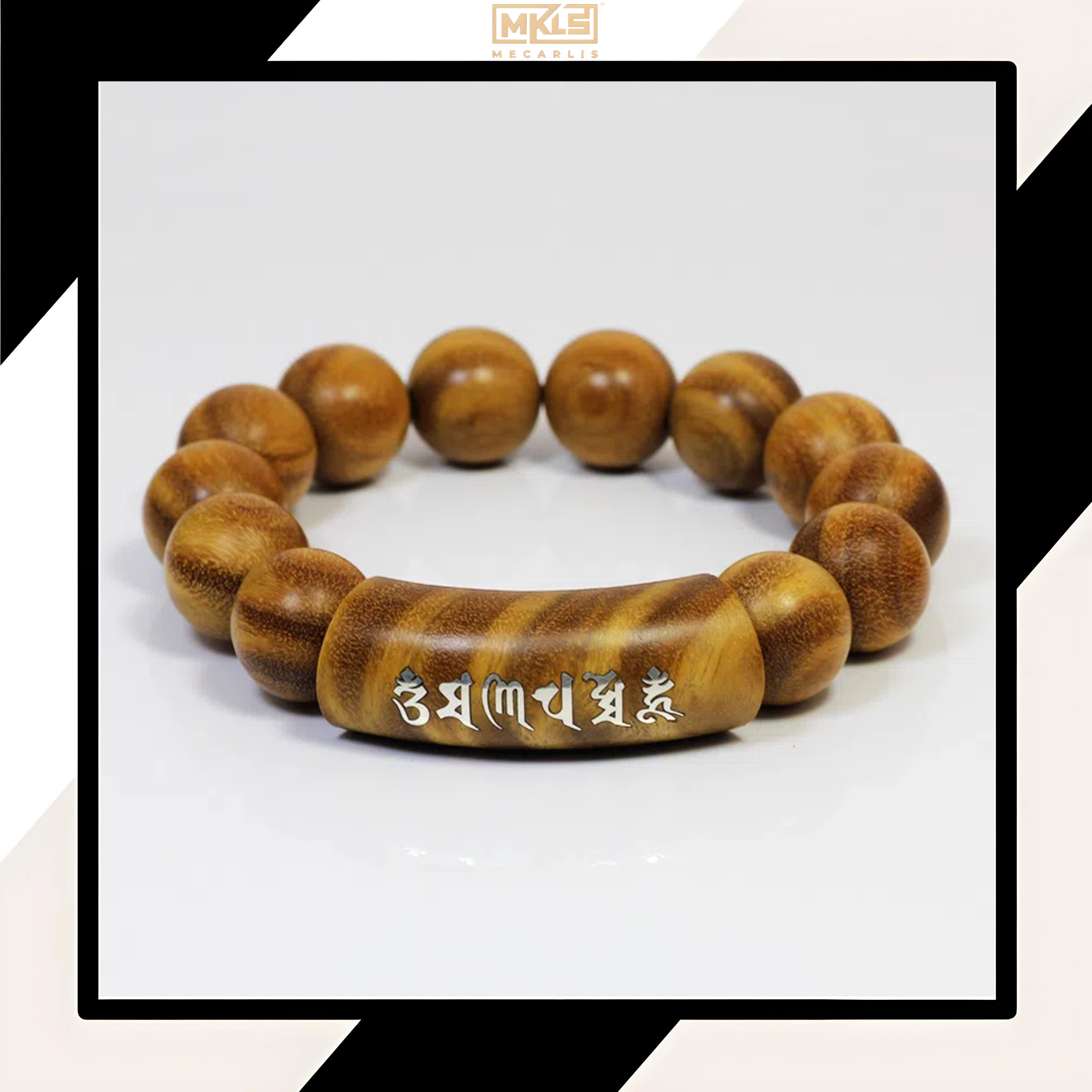 Silver-Inlaid Green Sandalwood Dragon-Phoenix Bracelet with Six-Syllable Mantra