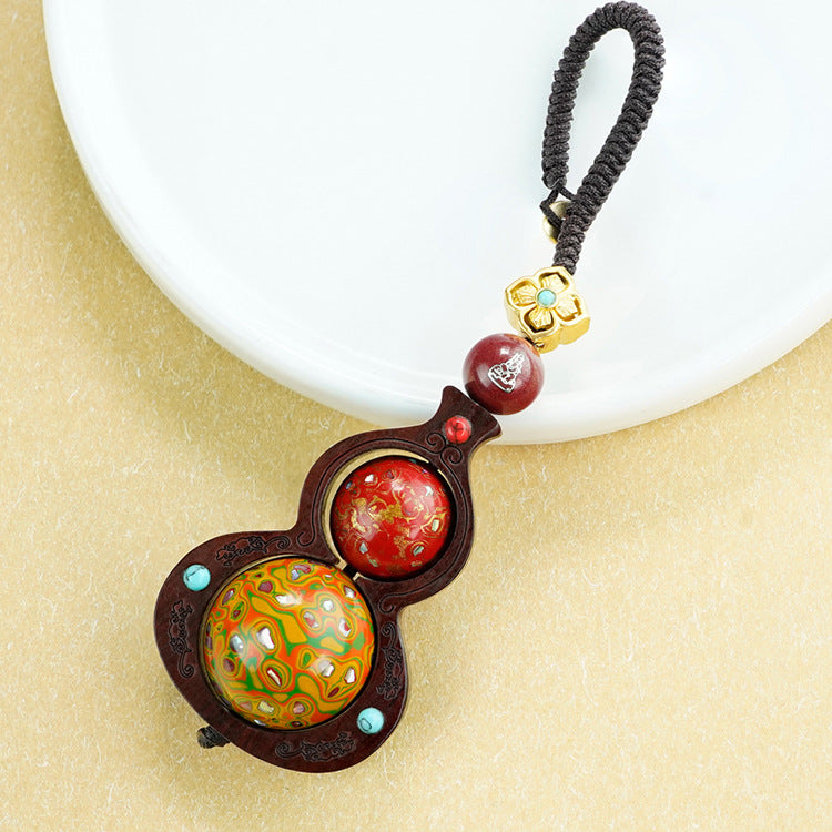 Gourd Rhyme and Zen Heart, Lacquer Art of the East - The Charm of Cinnabar Inlaid with Silver Sandalwood Turning Bead Pendant