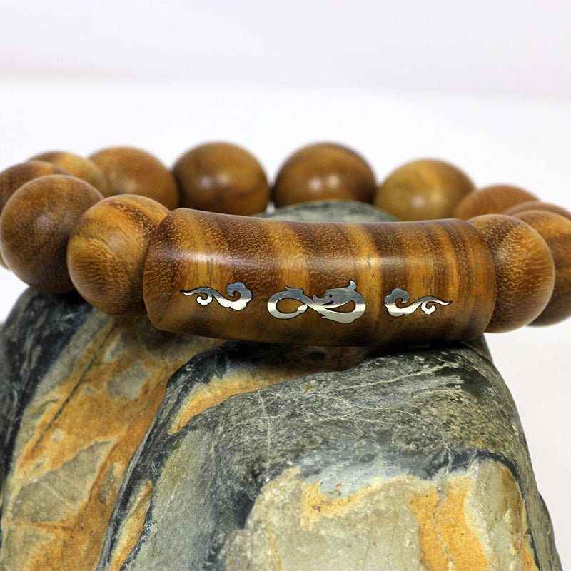 Silver-Inlaid Green Sandalwood Dragon-Phoenix Bracelet with Six-Syllable Mantra