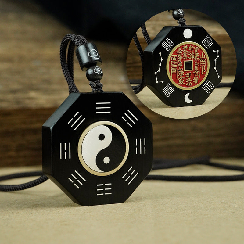 Yin - Yang Harmony, Zen Rhyme of the East - The Cultural Philosophy of Ebony, Blood Sandalwood and Jujube Wood Inlaid with Silver "Tai Chi Kung Fu" Pendant