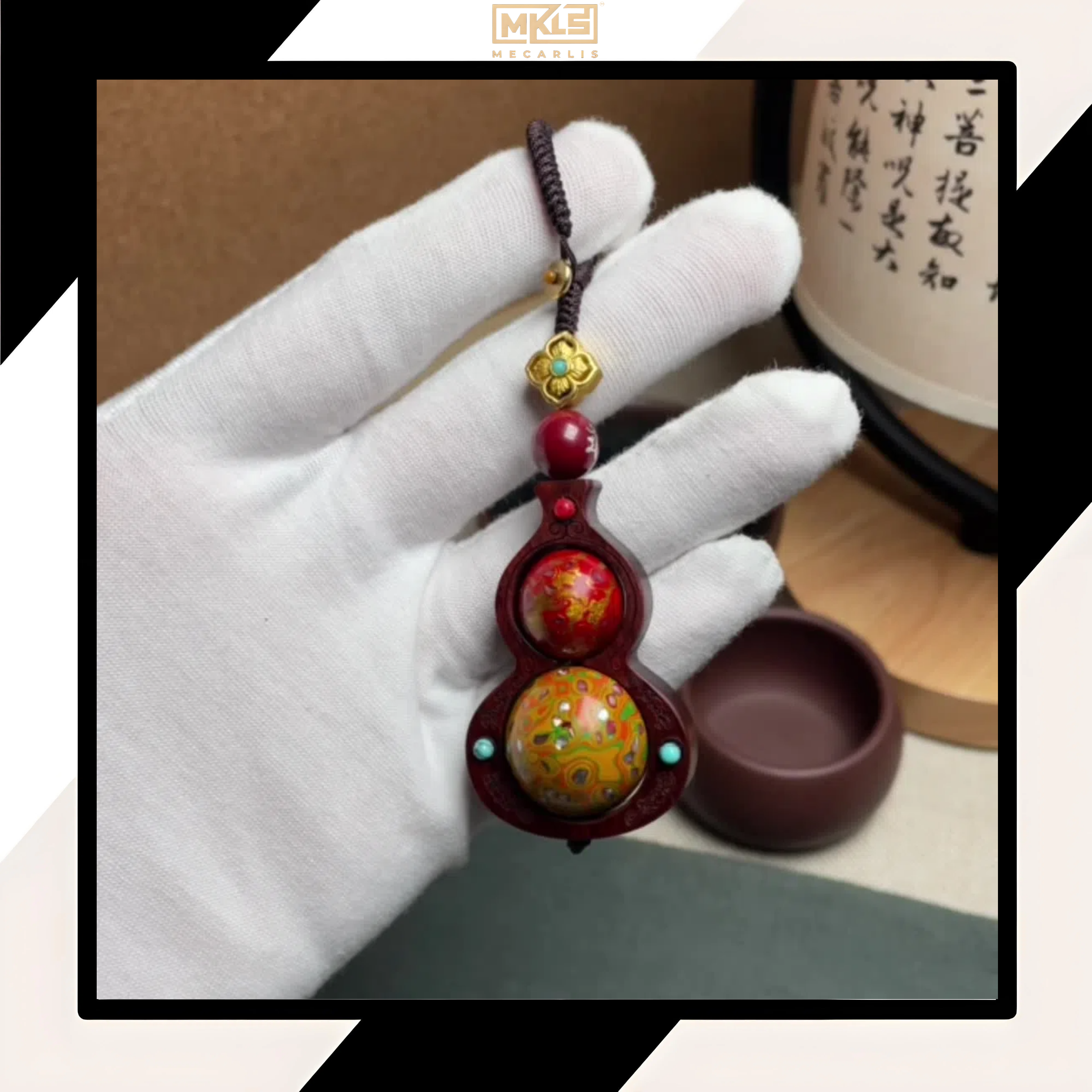 Gourd Rhyme and Zen Heart, Lacquer Art of the East - The Charm of Cinnabar Inlaid with Silver Sandalwood Turning Bead Pendant