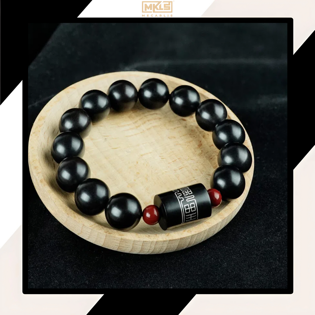 Cinnabar & Ebony Bracelet with Silver Inlay – 13 Yi Jing-Inspired Segments – Handcrafted Suitai Pattern – Wearable Philosophy for Mindful Living