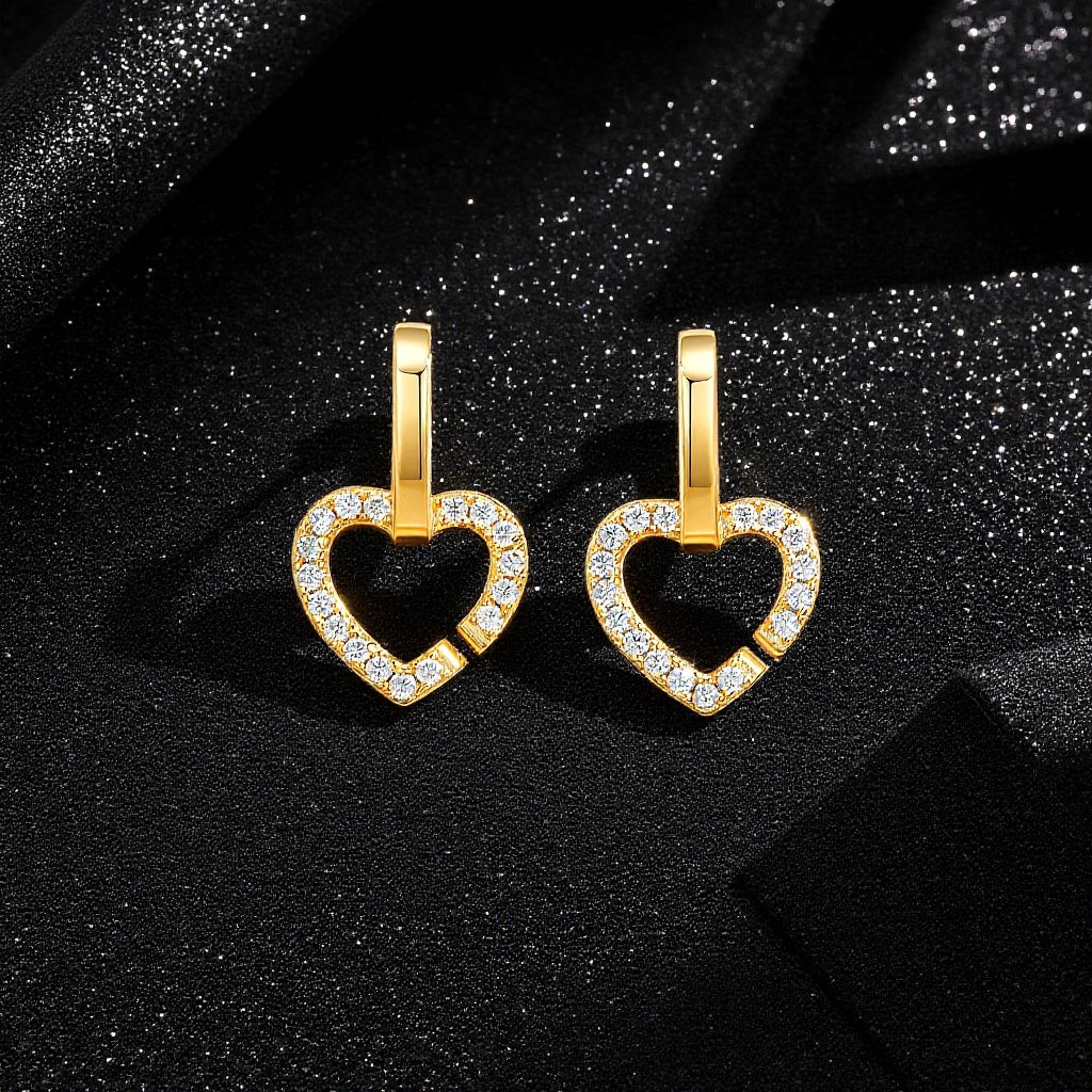 925 Sterling Silver Gold Plated Inlaid Moissanite Heart-shaped Earrings