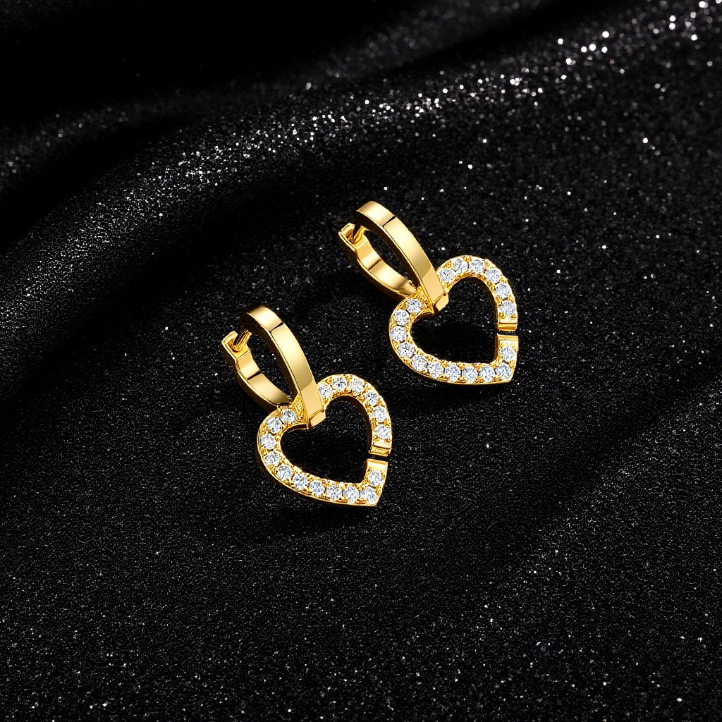 925 Sterling Silver Gold Plated Inlaid Moissanite Heart-shaped Earrings