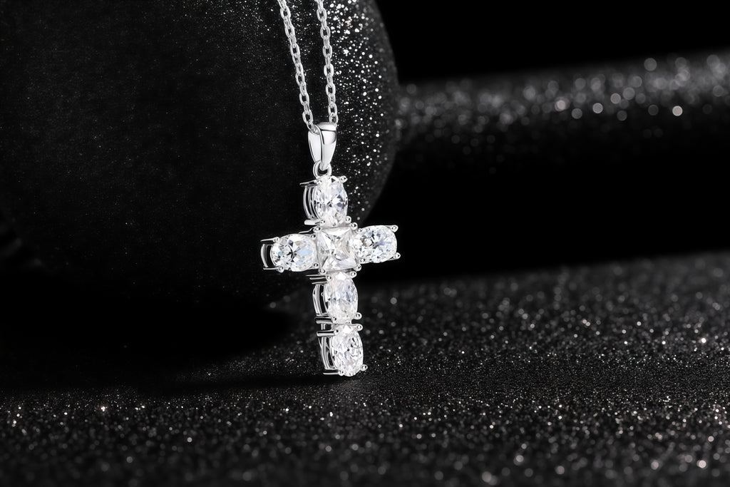 925 Sterling Silver Moissanite - Inlaid "Soul Guide" Cross Pendant Necklace
