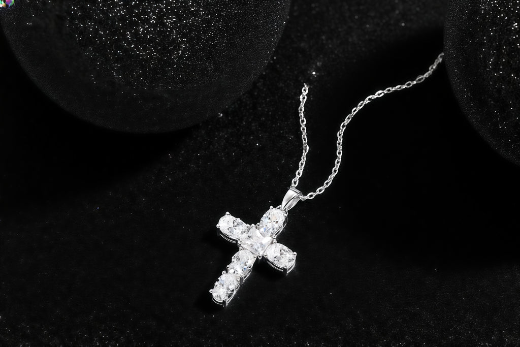 925 Sterling Silver Moissanite - Inlaid "Soul Guide" Cross Pendant Necklace
