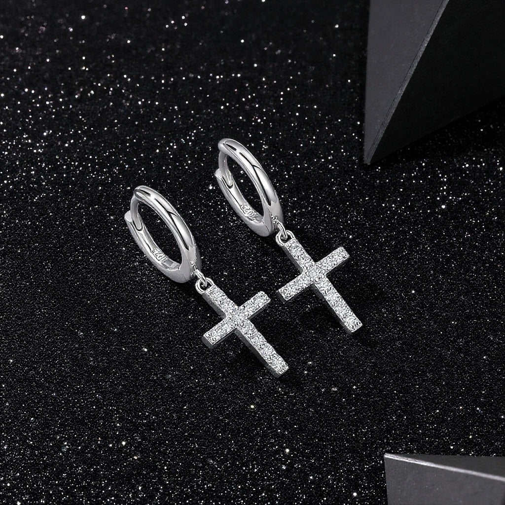 925 Sterling Silver Inlaid Moissanite Cross Earrings