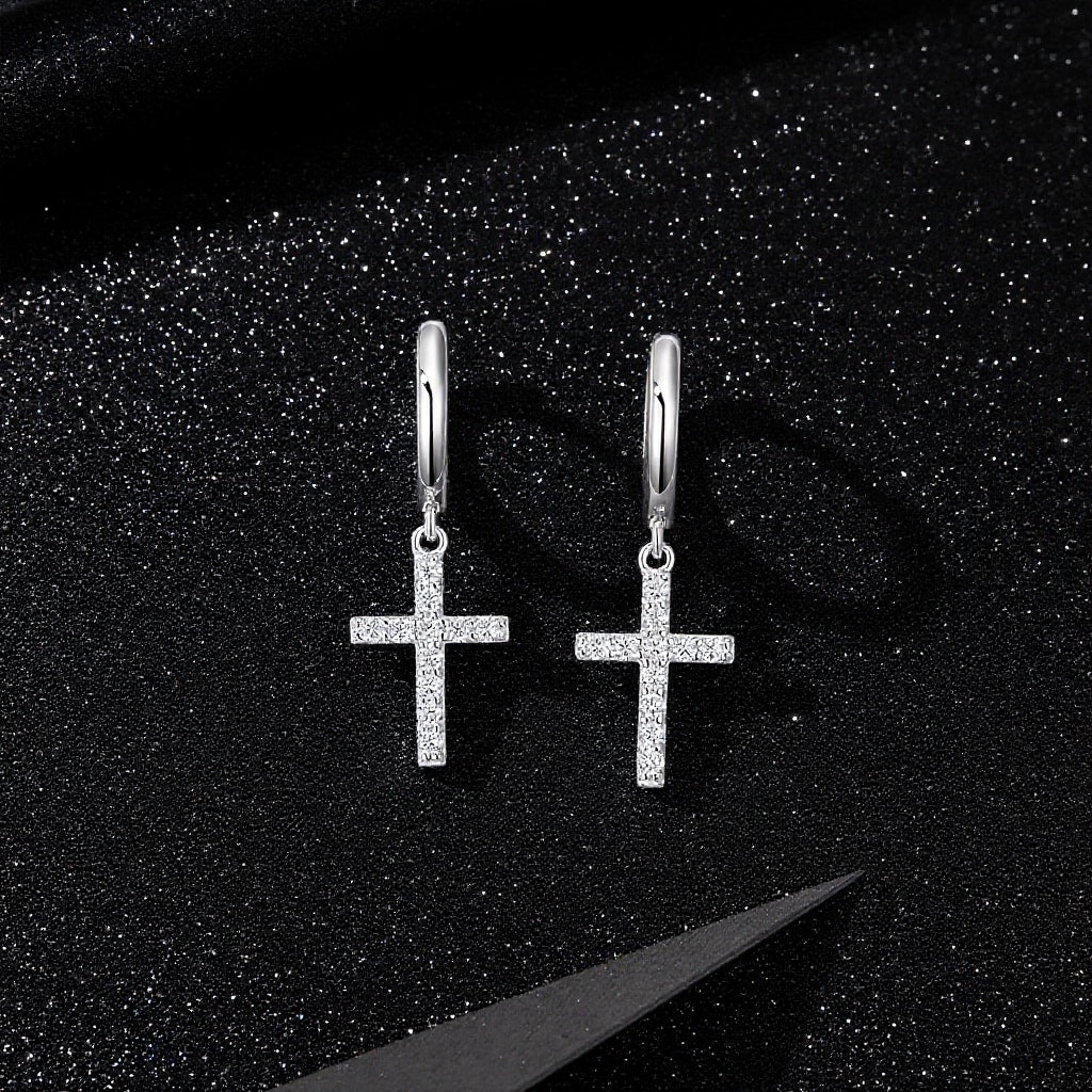925 Sterling Silver Inlaid Moissanite Cross Earrings