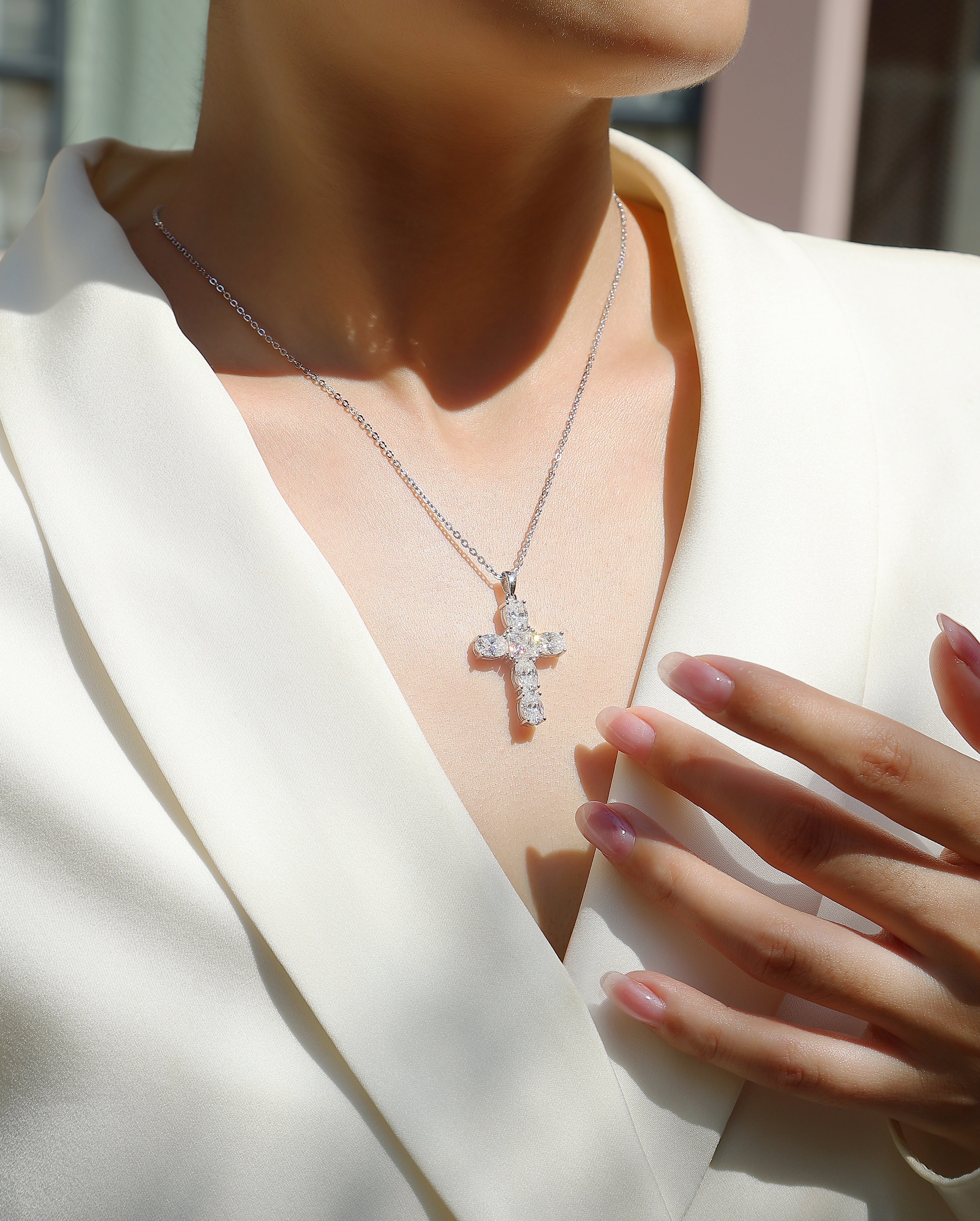 925 Sterling Silver Moissanite - Inlaid "Soul Guide" Cross Pendant Necklace