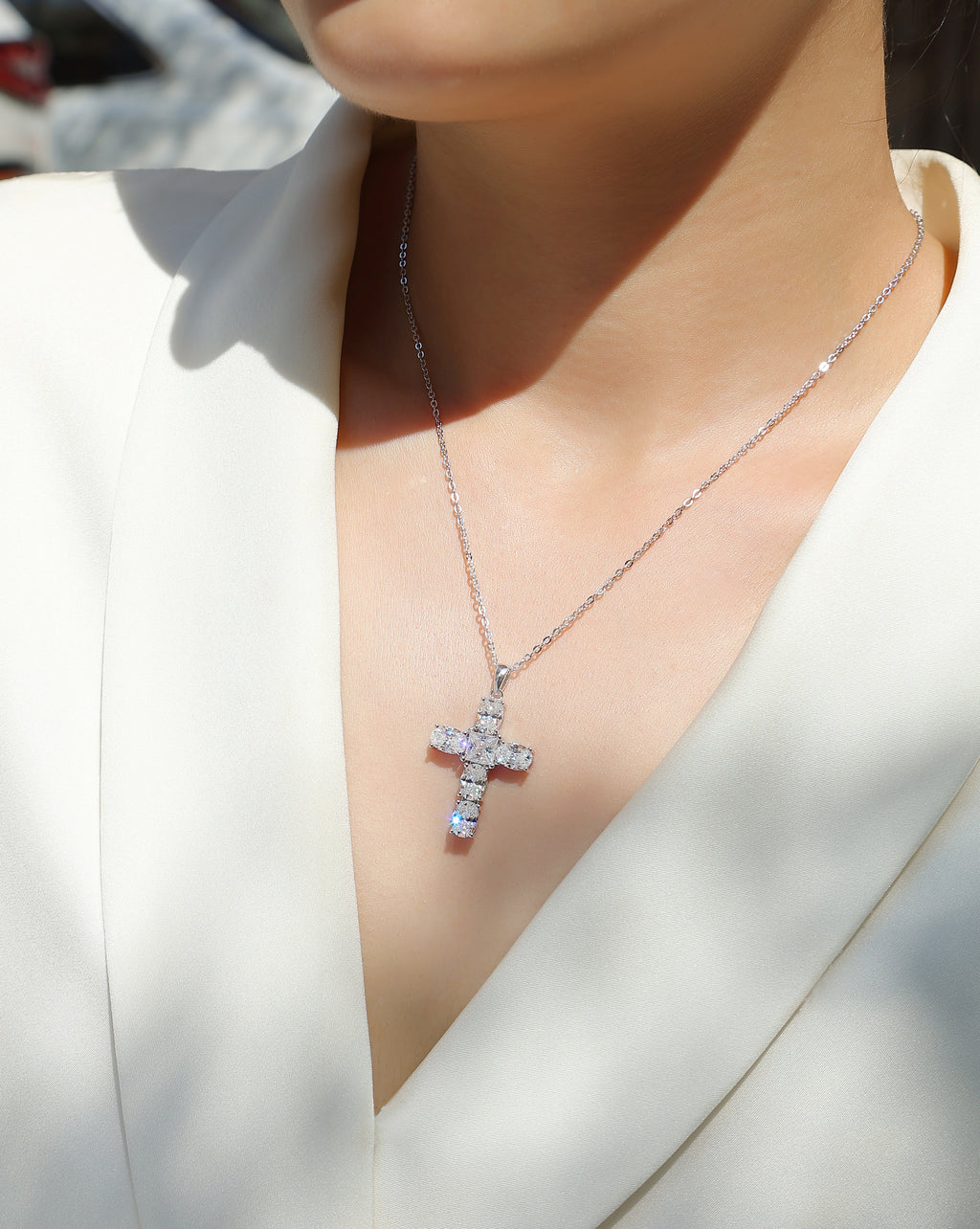 925 Sterling Silver Moissanite - Inlaid "Soul Guide" Cross Pendant Necklace