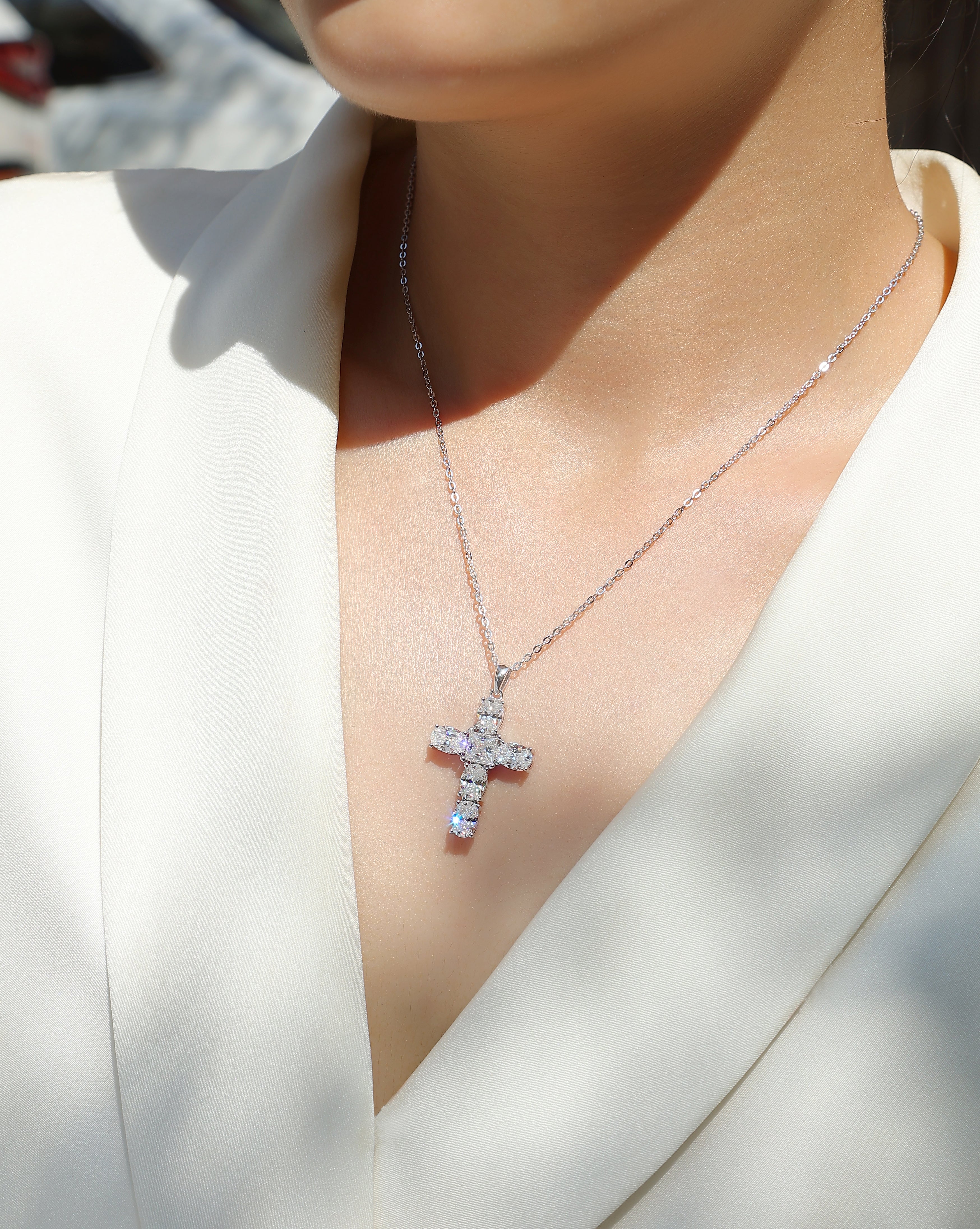 925 Sterling Silver Moissanite - Inlaid "Soul Guide" Cross Pendant Necklace
