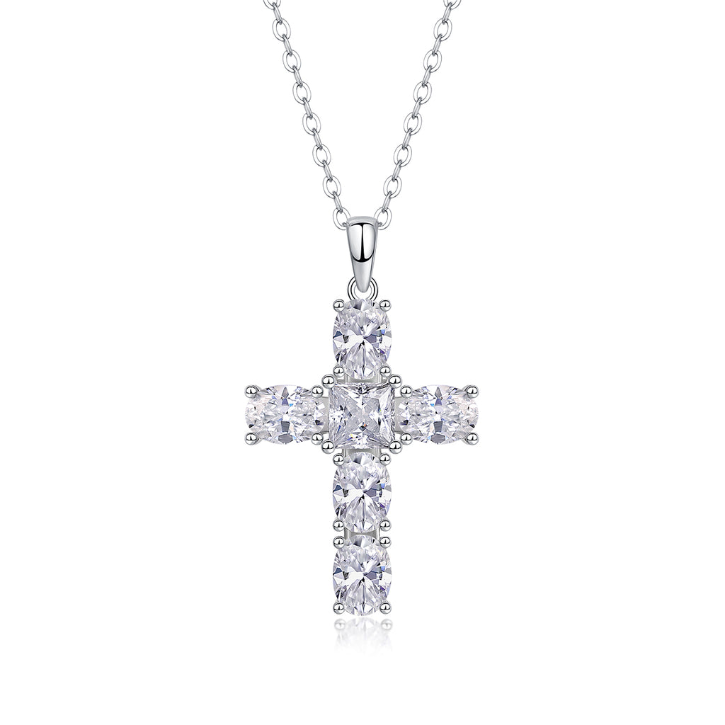 925 Sterling Silver Moissanite - Inlaid "Soul Guide" Cross Pendant Necklace