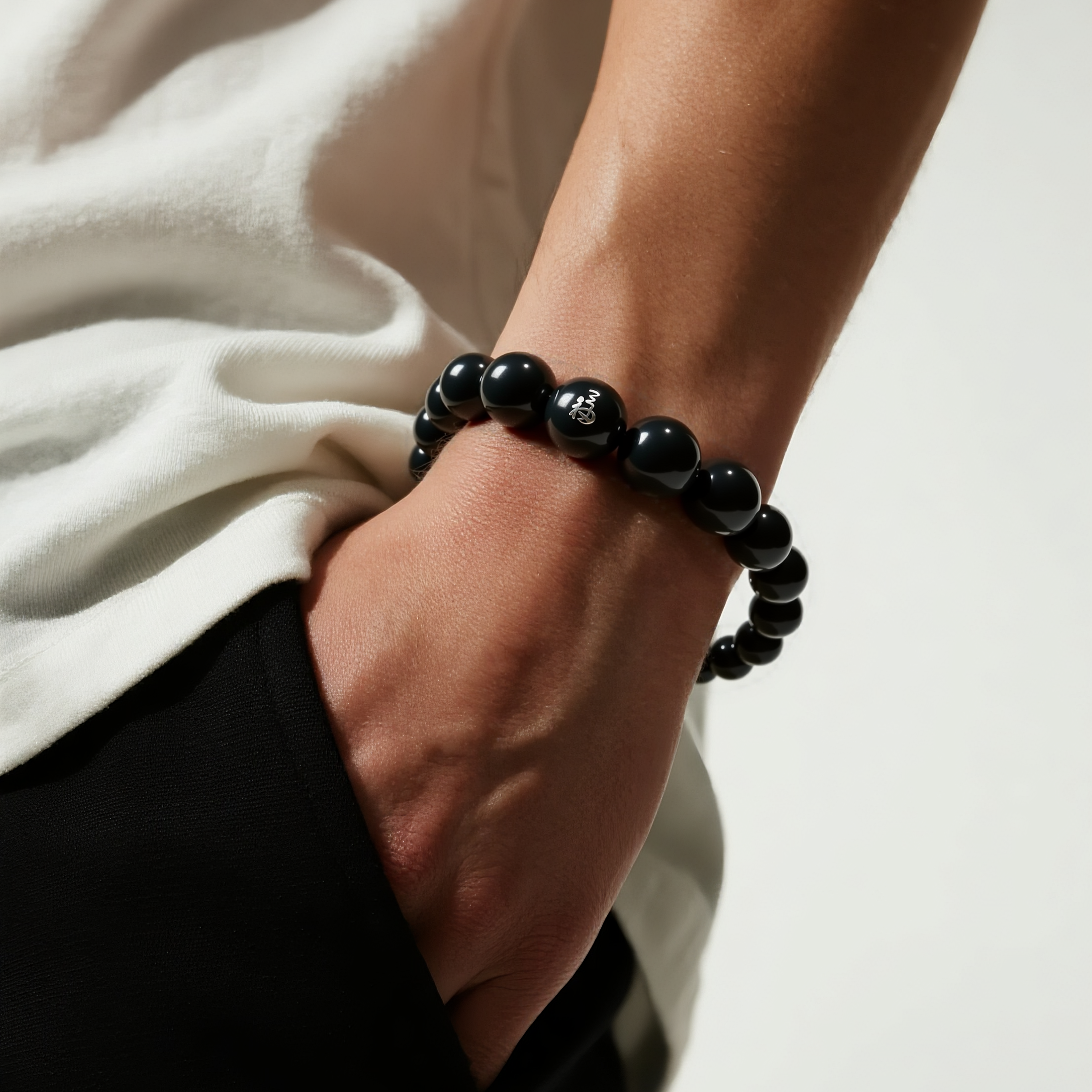 Stillness Mark Bracelet – African Ebony with Silver Fu Script Inlay, 23–75g Weight Range, 12–20mm Bead Options